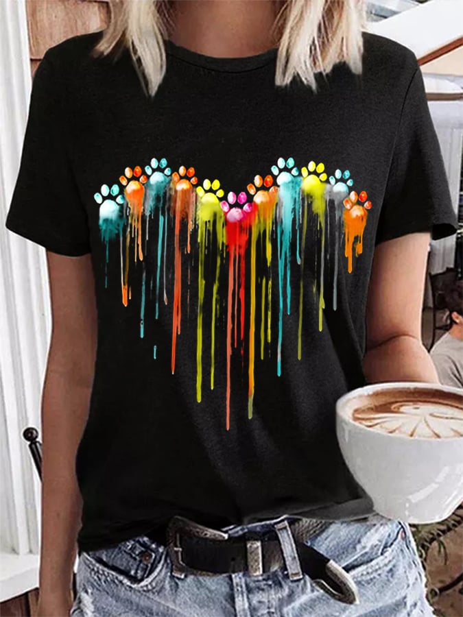Women's Colorful Dog Paw Heart Print T-Shirt